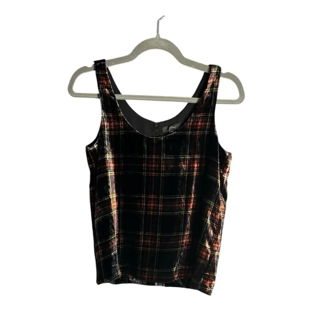 J. Crew Red and Green Plaid Velvet Sleeveless Top With Scoop Neck 00